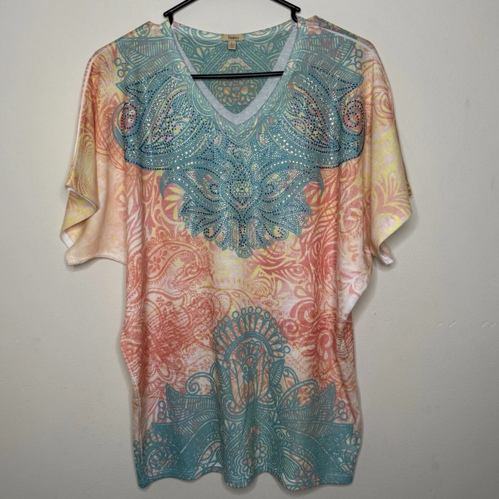 Reba Y2k VTG Top Womens Large Short Sleeves Paisley Embellished Boho Fairycore